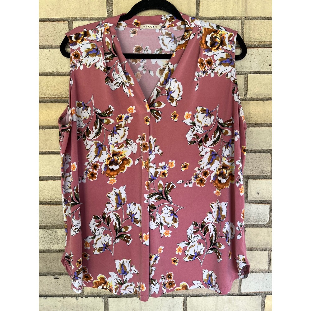 Beacon Mauve Pink Floral Sleeveless V-Neck Blouse Jersey Stretch Size 2X